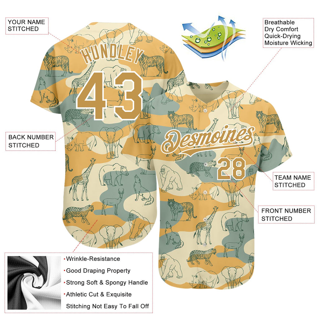 Custom Cream Old Gold-White 3D Pattern Design Animal Authentic Baseball Jersey