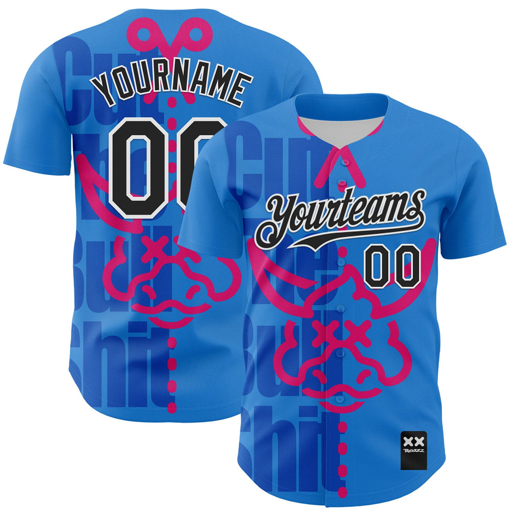 Custom Electric Blue Black-White 3D Revzzz Cut The Bullshit Authentic Baseball Jersey