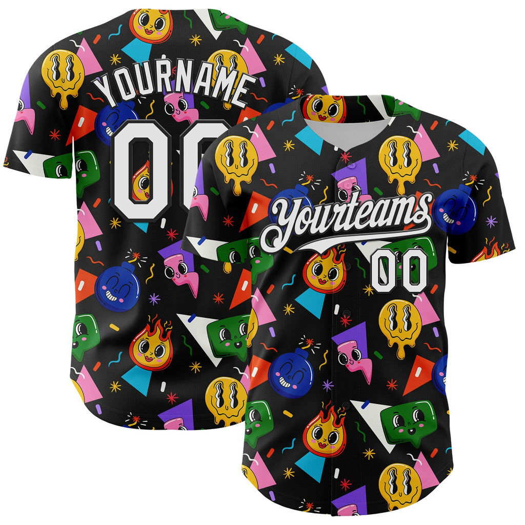 Custom Black White 3D Pattern Design Funny Cartoon Emoji Face Authentic Baseball Jersey