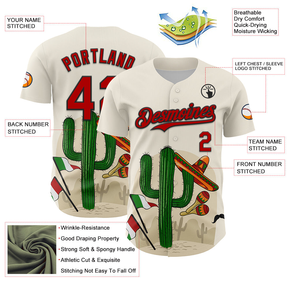 Custom Cream Red-Black 3D Mexican Festival Cactus Sombrero And Flag Cinco de Mayo Authentic Baseball Jersey