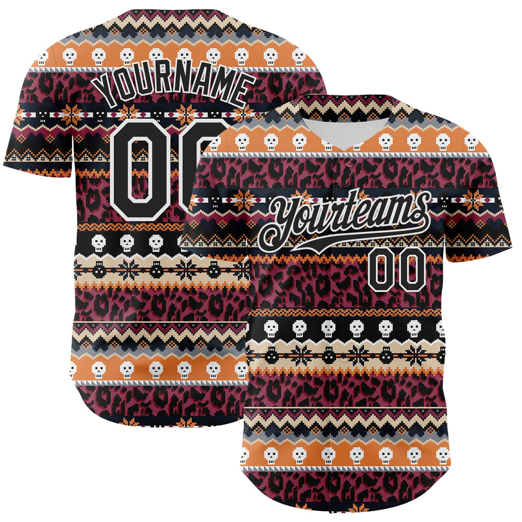 Custom Black White 3D Skull And Leopard Print Authentic Baseball Jersey