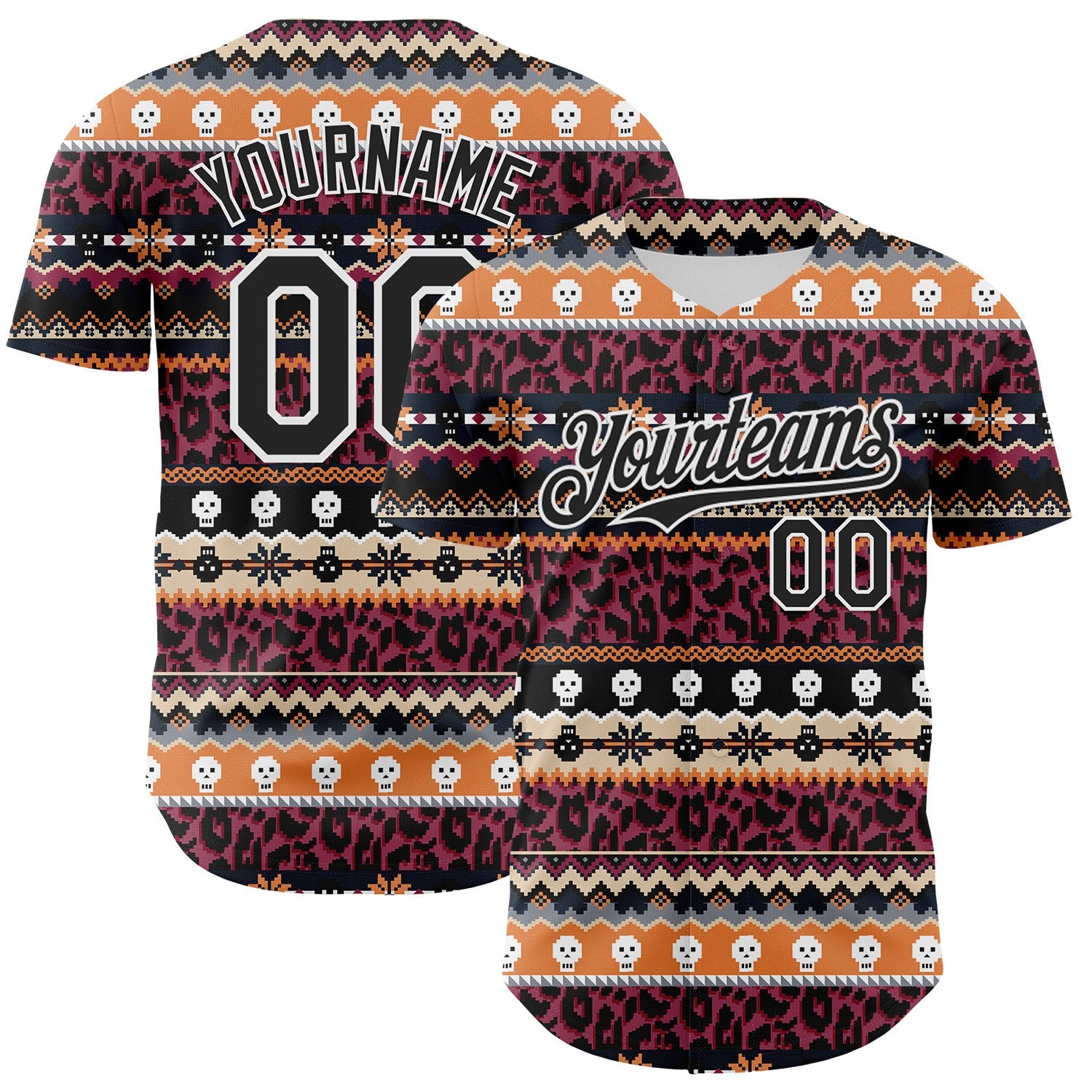 Custom Black White 3D Skull And Leopard Print Authentic Baseball Jersey