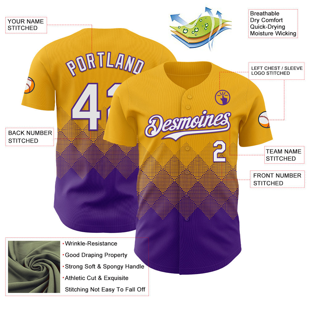Custom Gold White-Purple 3D Gradient Square Shape Authentic Baseball Jersey