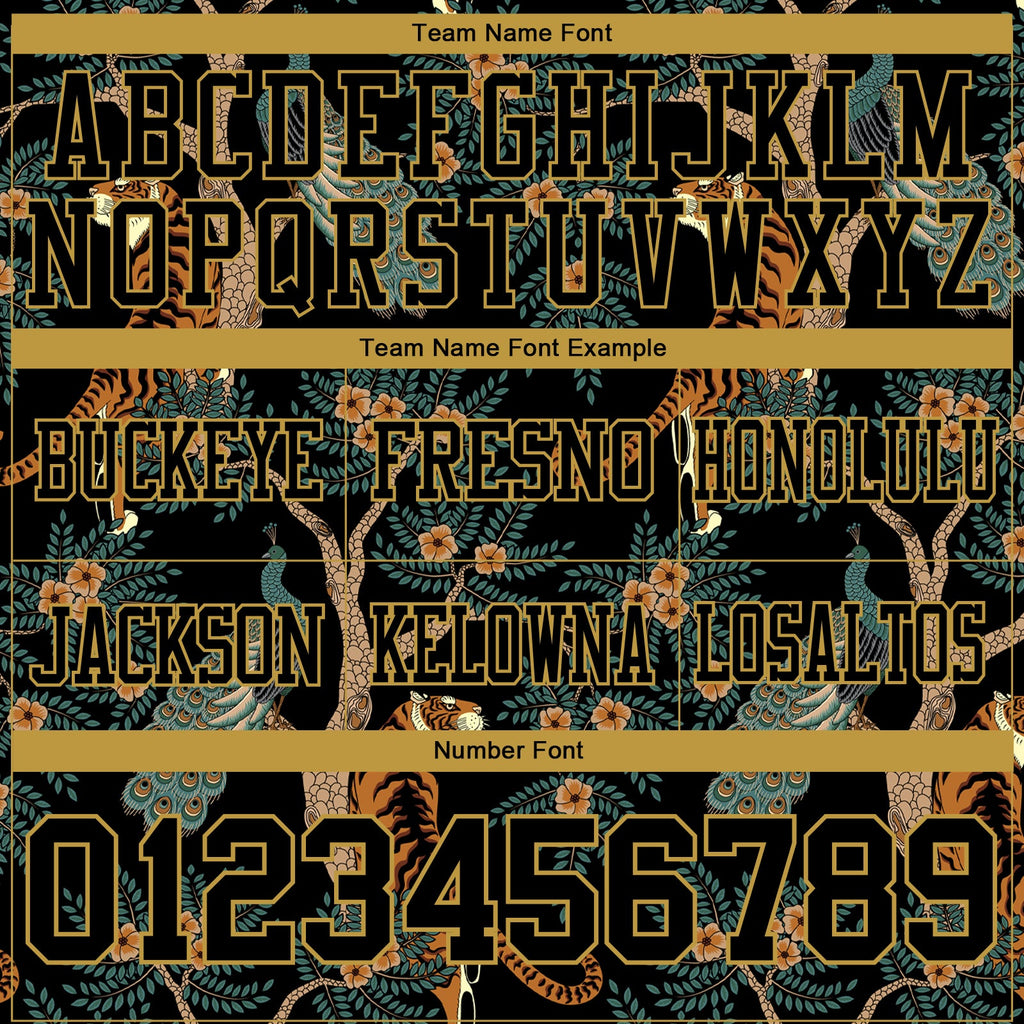 Custom Black Old Gold 3D Pattern Tiger And Peacock Authentic Football Jersey