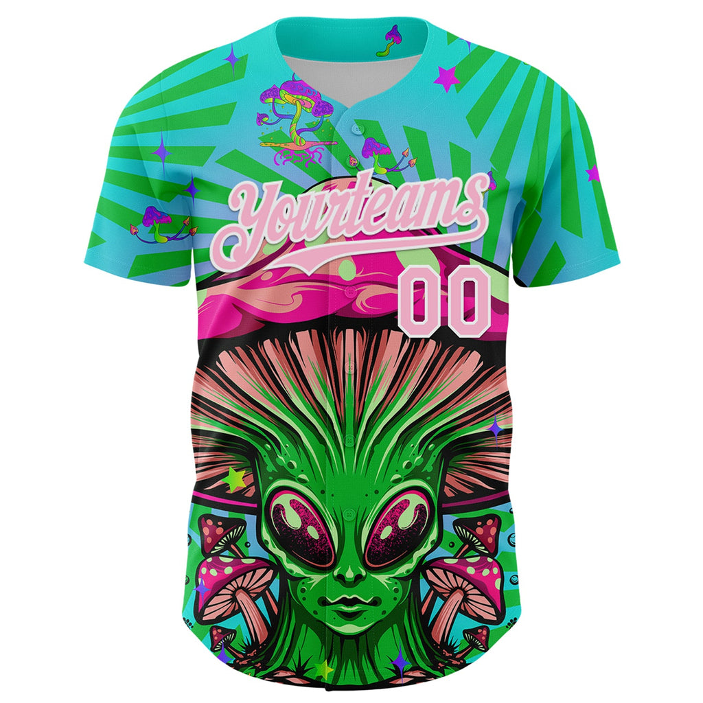 Custom Blule Light Pink-White 3D Pattern Design Trippy Magic Mushrooms Alien Authentic Baseball Jersey