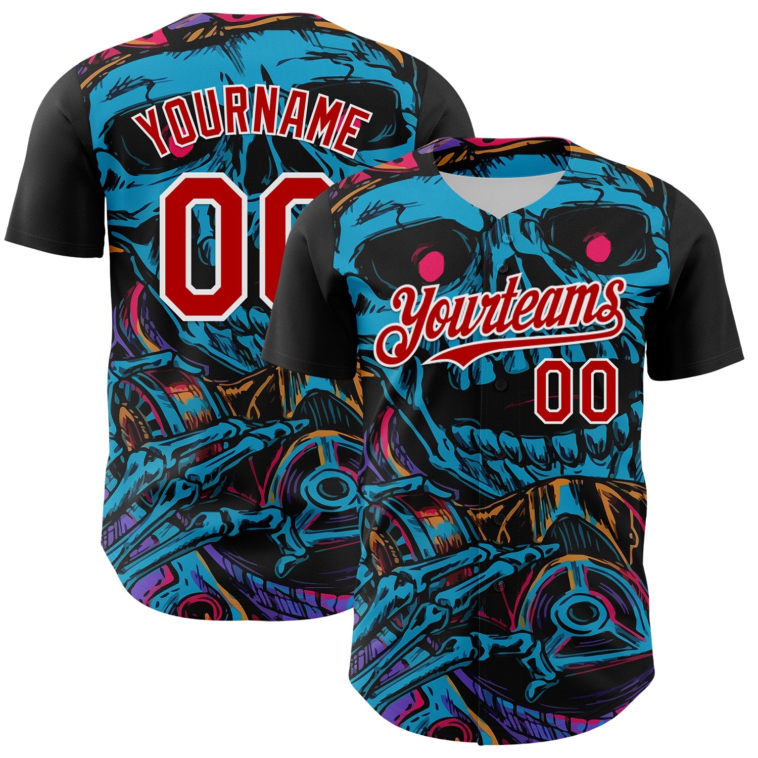 Custom Black Red-White 3D Pattern Design Burner Costumes Horror Skull Authentic Baseball Jersey