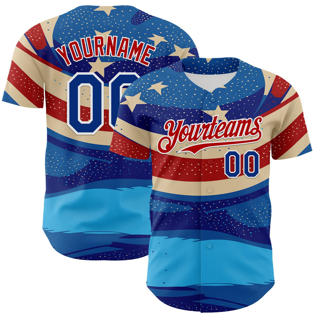 Custom Blue Royal Red-White 3D Retro American Flag Authentic Baseball Jersey