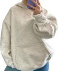 Women Bow Embroidery Hoodie Teen Girls Cute Graphic Hooded Loose Preppy Y2K Long Sleeve Pullover Hoodie Tops