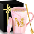 MNZZ Personalized Ceramic Coffee Mug with Lid, 14 Oz, Pink, Letter M, Luxurious, Chic, Formal, Heat Resistant, Dishwasher & Microwave Safe for Her