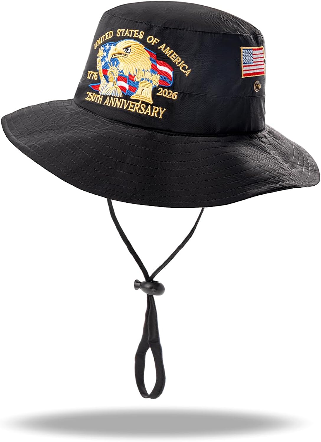 July 4th 250th Anniversary Embroidered Unisex Foldable Sun Hat — Waterproof Wide-Brimmed Sun Hat with Adjustable Chin Strap, the Ideal Gift for Beach, Fishing, Hiking and Outdoor Adventures Black