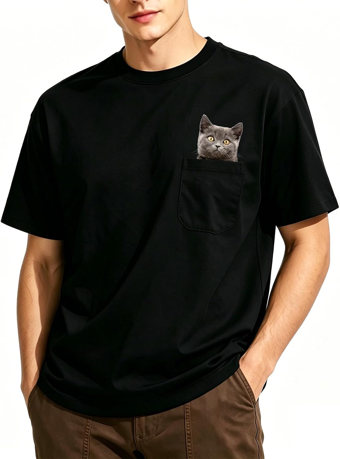 Funny Pocket Cat T Shirt Cute Cat in Pocket Graphic Tee Women Men Cat Mom Cat Dad Kawaii Cat Themed Novelty Clothing