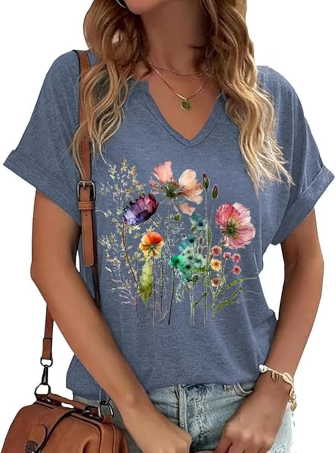 Womens Vintage Flowers V Neck Shirt Boho Floral Wildflowers Graphic Tee Casual Cottagecore Short Sleeve T Shirt