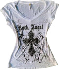 Women Y2K Gothic V-Neck T-Shirt Dark Aesthetic Graphic Slim Fit Streetwear Top Short Sleeve Punk 2000s Shirt