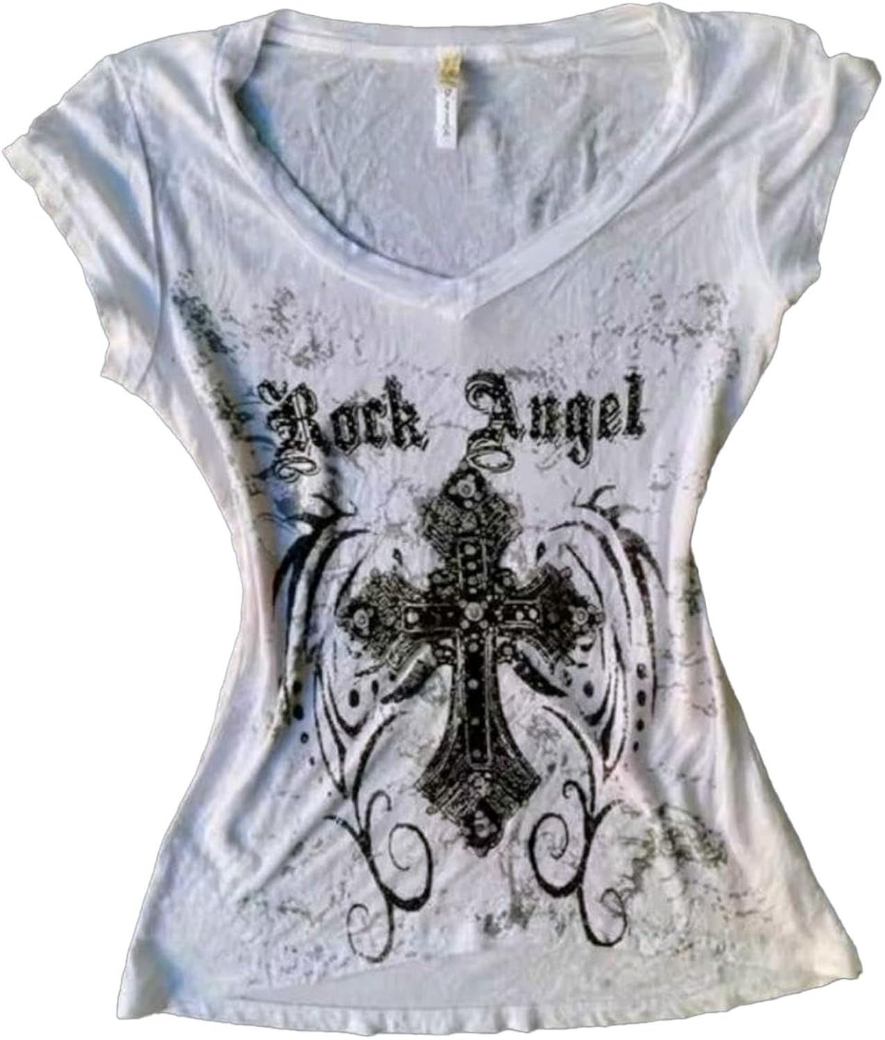Women Y2K Gothic V-Neck T-Shirt Dark Aesthetic Graphic Slim Fit Streetwear Top Short Sleeve Punk 2000s Shirt