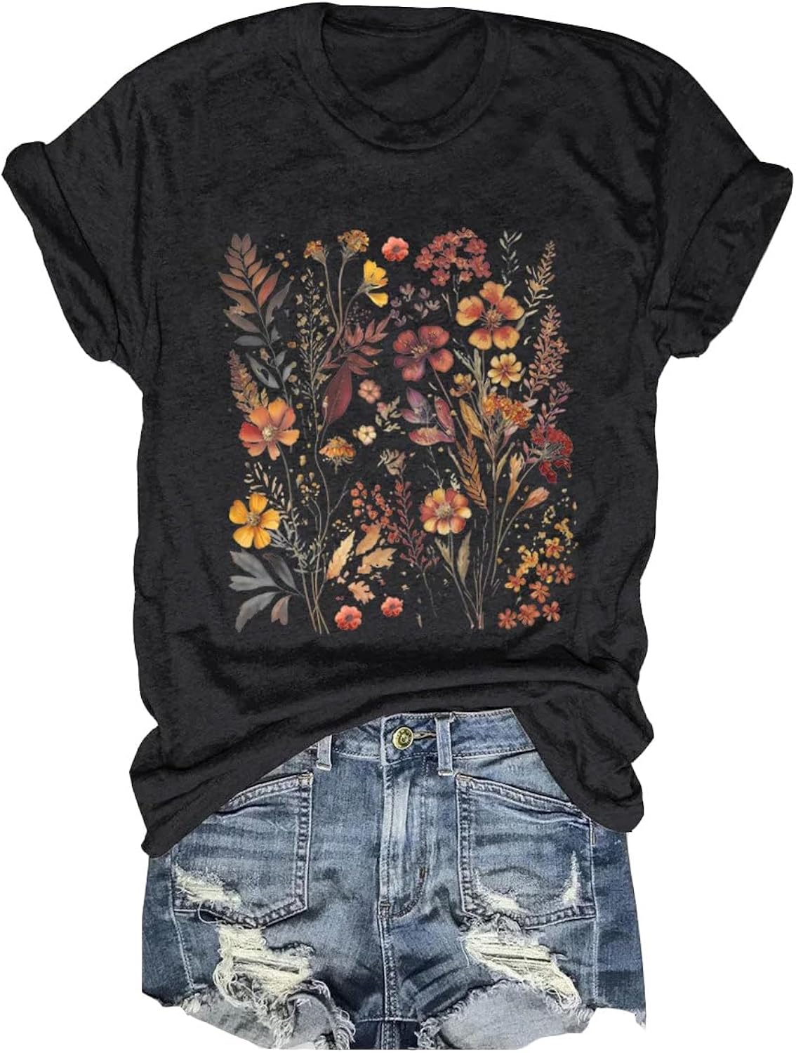 Women's Boho Flower T Shirt Vintage Flowers Printed Shirt Colorful Wildflower Graphic Tee Casual Botanical Short Sleeve