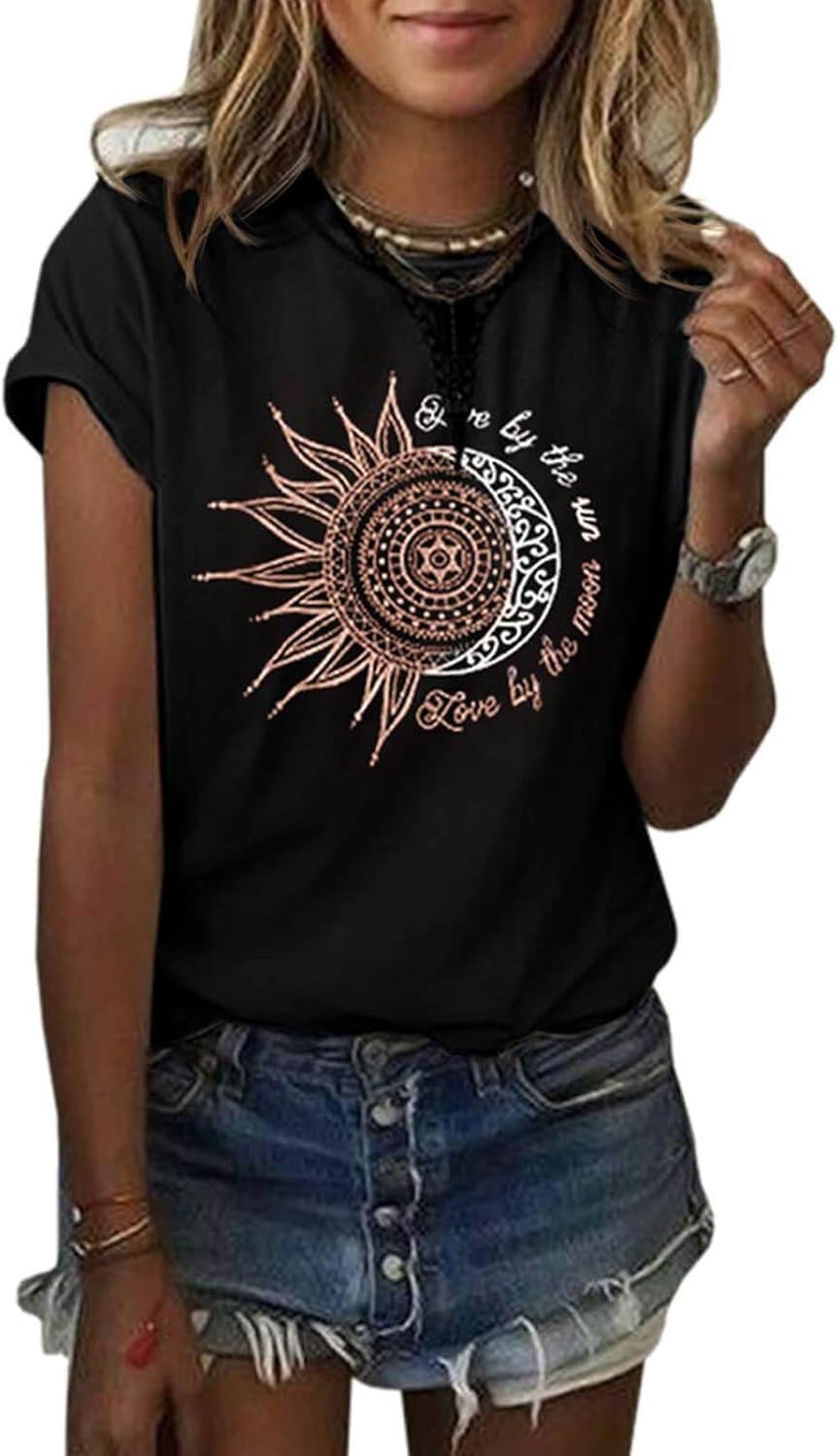 Womens Graphic Tees Summer Vintage Short Sleeve Cotton Moon and Sun Printed T Shirts Tops