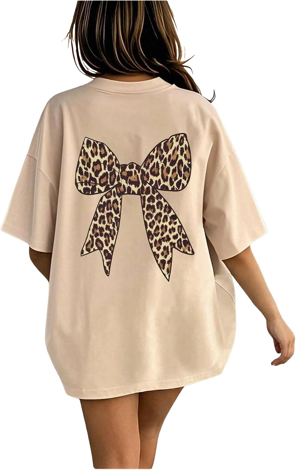 Overized Tshirts for Women Bow Leopard Graphic Tees Short Sleeve Aesthetic Baggy Summer Tops