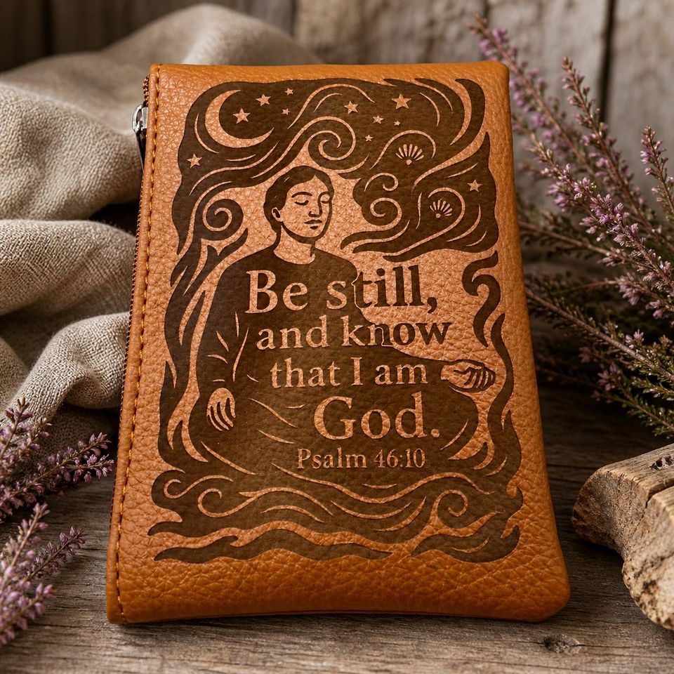 Inspirational Bible Quote on calm and meditation - Engraved Rosary Pouch: Custom Catholic Gift