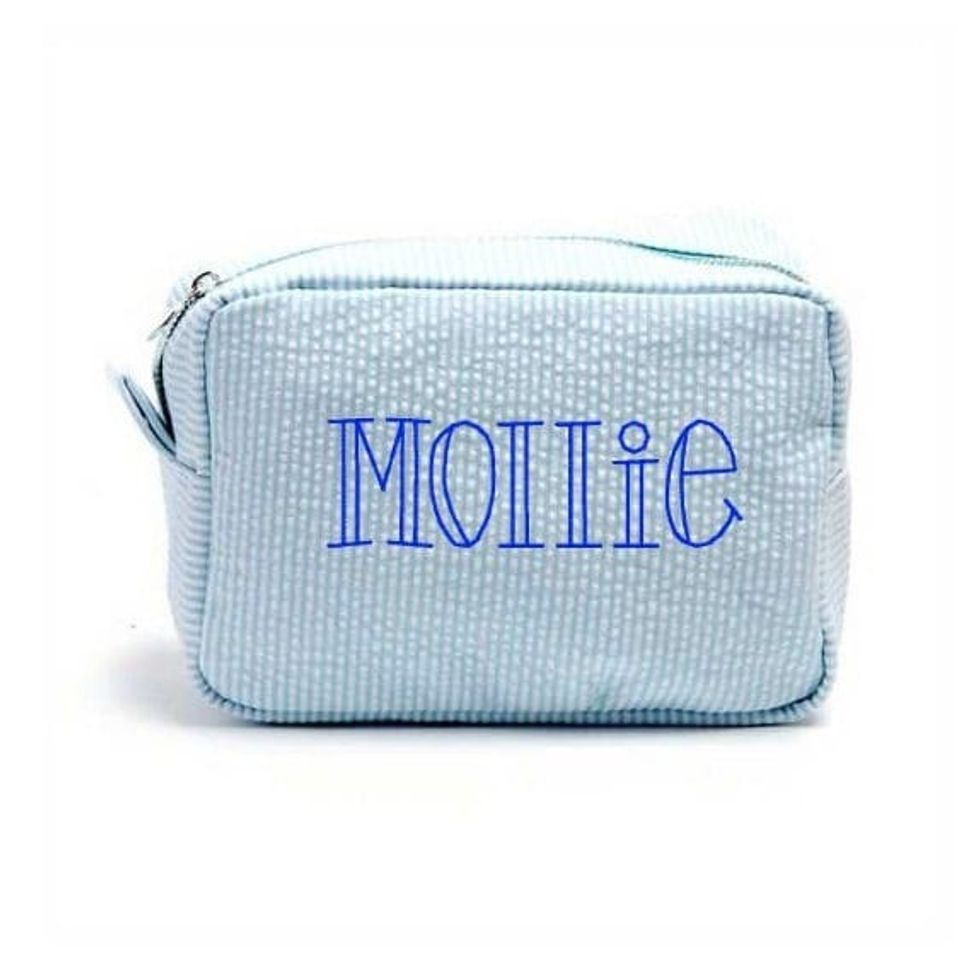 Personalized Seersucker Zipper Pouch, Embroidered Cosmetic Bag