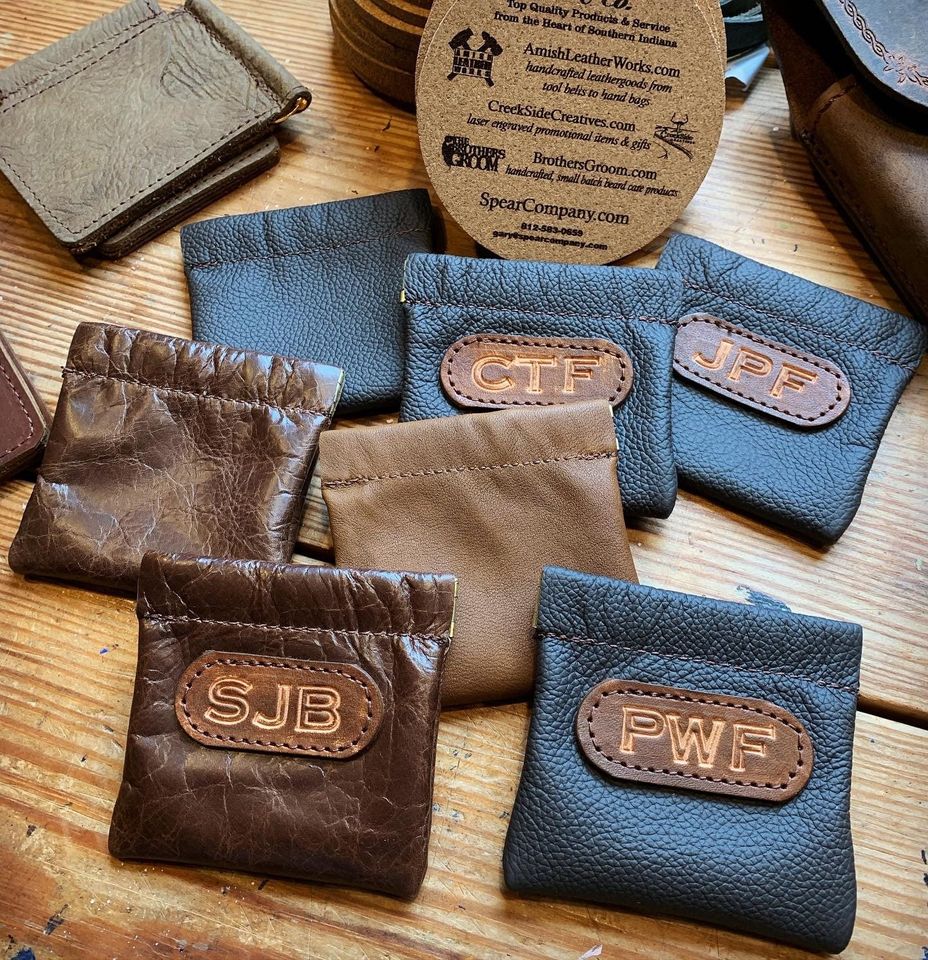 Leather Coin Purse, Squeeze Frame Pouch, Personalized -  - Amish Handmade - Made in USA