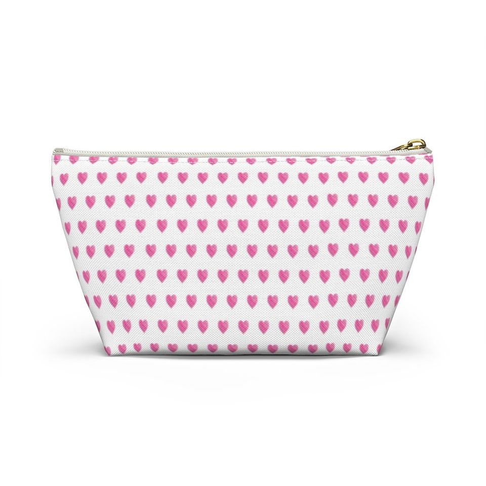Preppy Watercolor Hearts Pink - Accessory Zip Pouch Available in Two Sizes - White canvas laminated interior