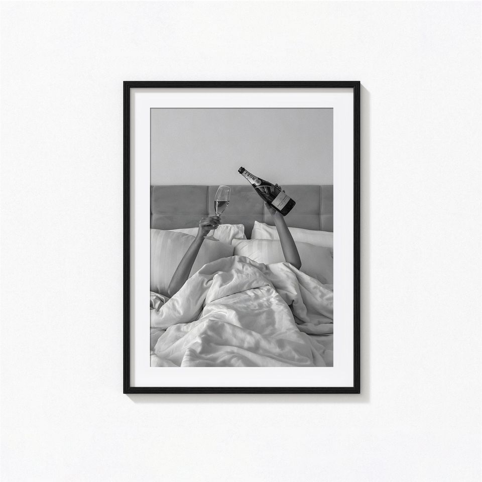 Woman Drinking Wine in Bed Print, Bar Cart Art, Pub Black and White Wall Art, Vintage Print, Photography Prints, Museum Quality Photo Print