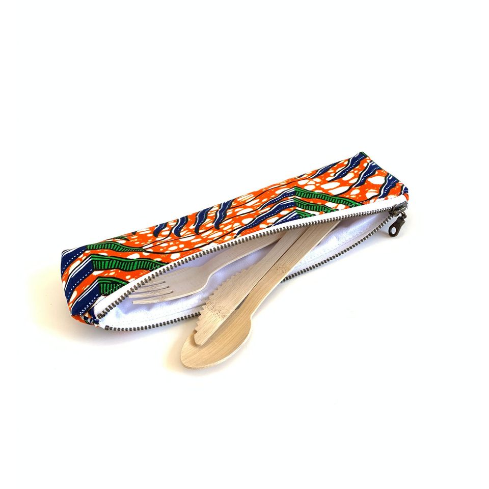 Orange and Green African fabric reusable utensil cutlery pouch, fabric cutlery pouch, cloth utensil carrying case, silverware pouch
