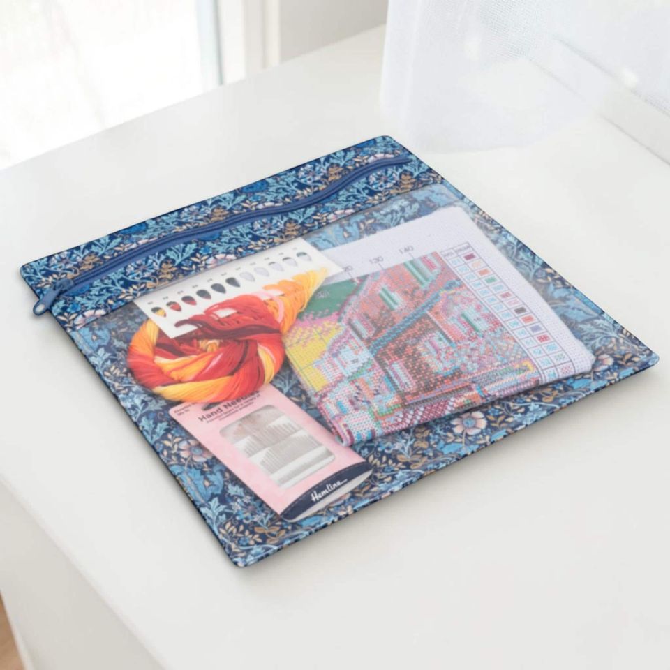 Blue Floral Project Pouch with Clear Zip Pocket – Cotton Sewing & Craft Storage Bag