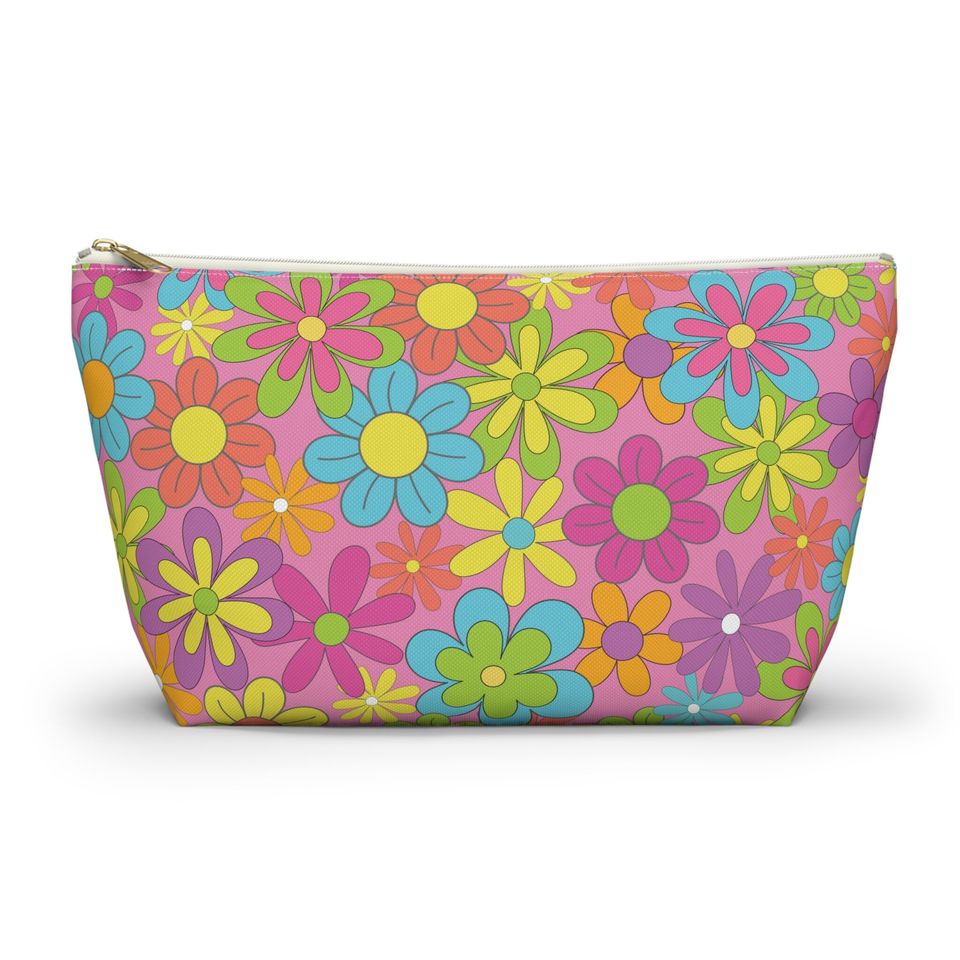 Colorful Retro Daisies on Pink Background, 60's Style T-Bottom Travel Pouch, 2 Sizes