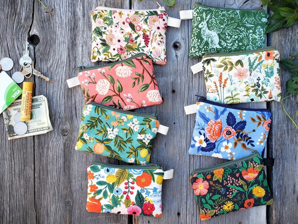 Small lined cotton fabric zipper pouch: Purse organizer, Rifle Paper floral card/coin bag.