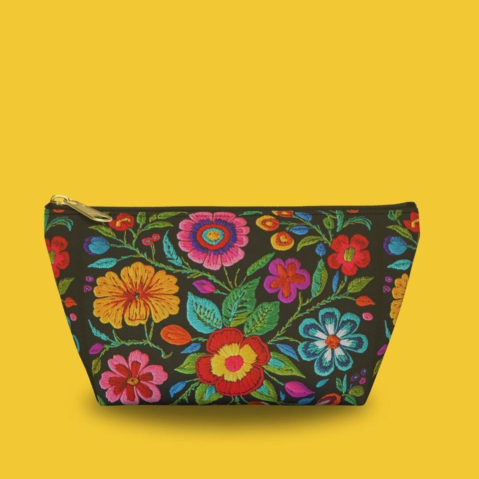 Colorful Mexican Floral Embroidered "Appearance" Looking Accessory Pouch with T-bottom, Mexican Florals, Travel Accessory Bag.