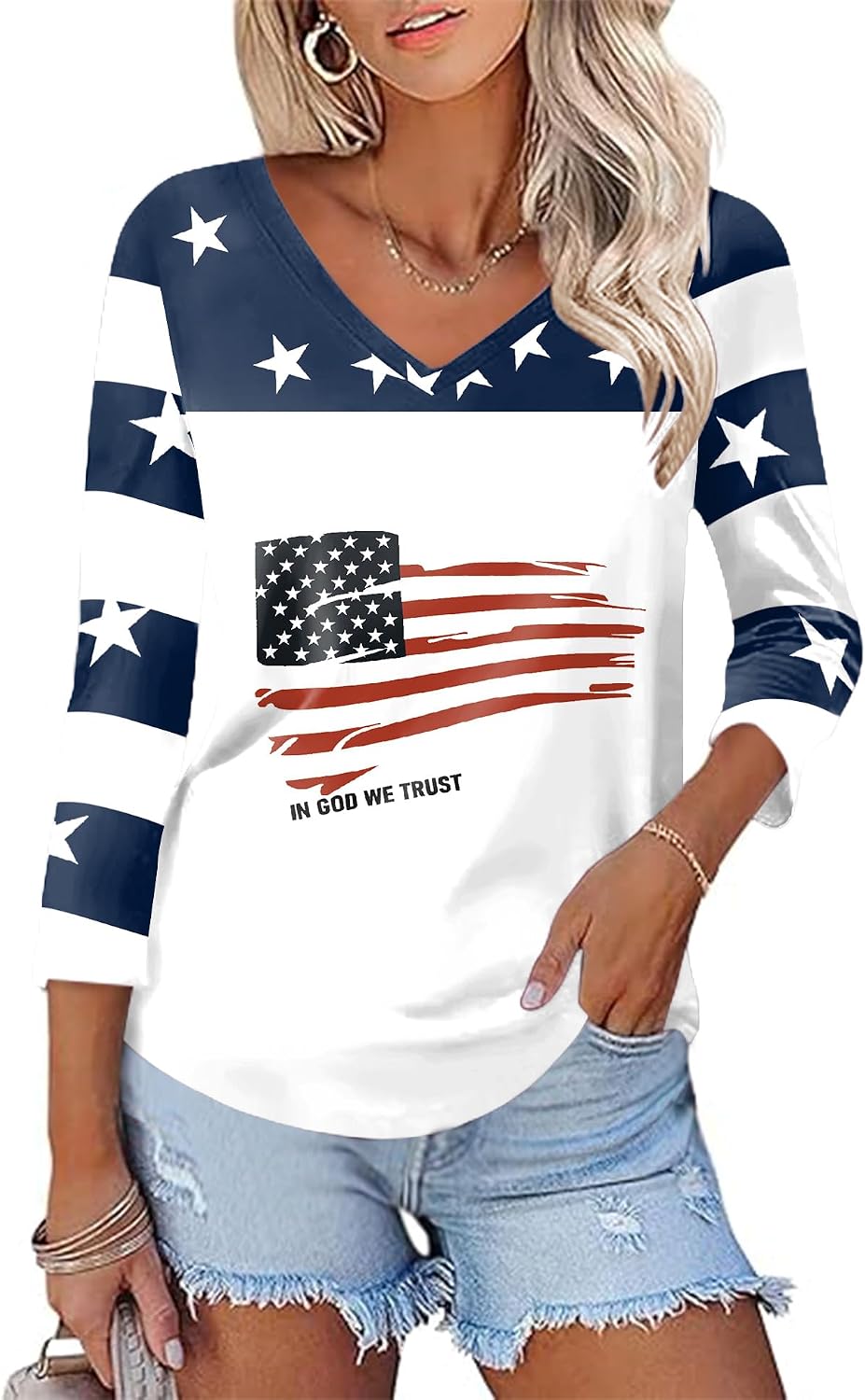 Women's V Neck T Shirts 3/4 Sleeve Blouse Summer Tops Dressy Casual Solid Basic Tees