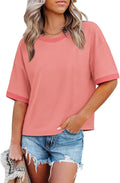 Womens T Shirts Loose Fit Short Half Sleeve Crew Neck Oversized Tshirts Color Block Summer Tops Fashion 2026