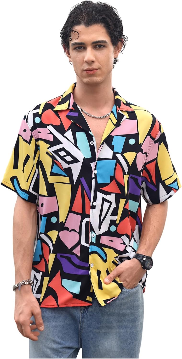 Men's Allover Printed Button Front Collar Hawaii Short Sleeve Colorblock Shirt