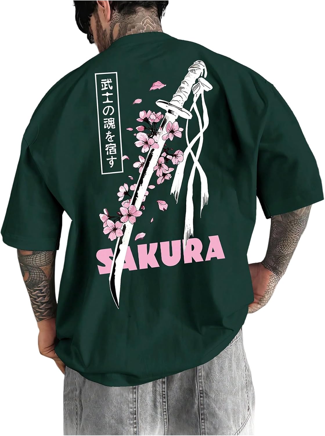 Men's Japanese Letter Graphic Tee Top Oversized Short Sleeve Casual Aesthetic Print T-Shirt