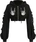 Women's Skeleton Skull Graphic Print Hoodie Drop Shoulder Drawstring Sweatshirt Zipper Up Long Sleeve Crop Top