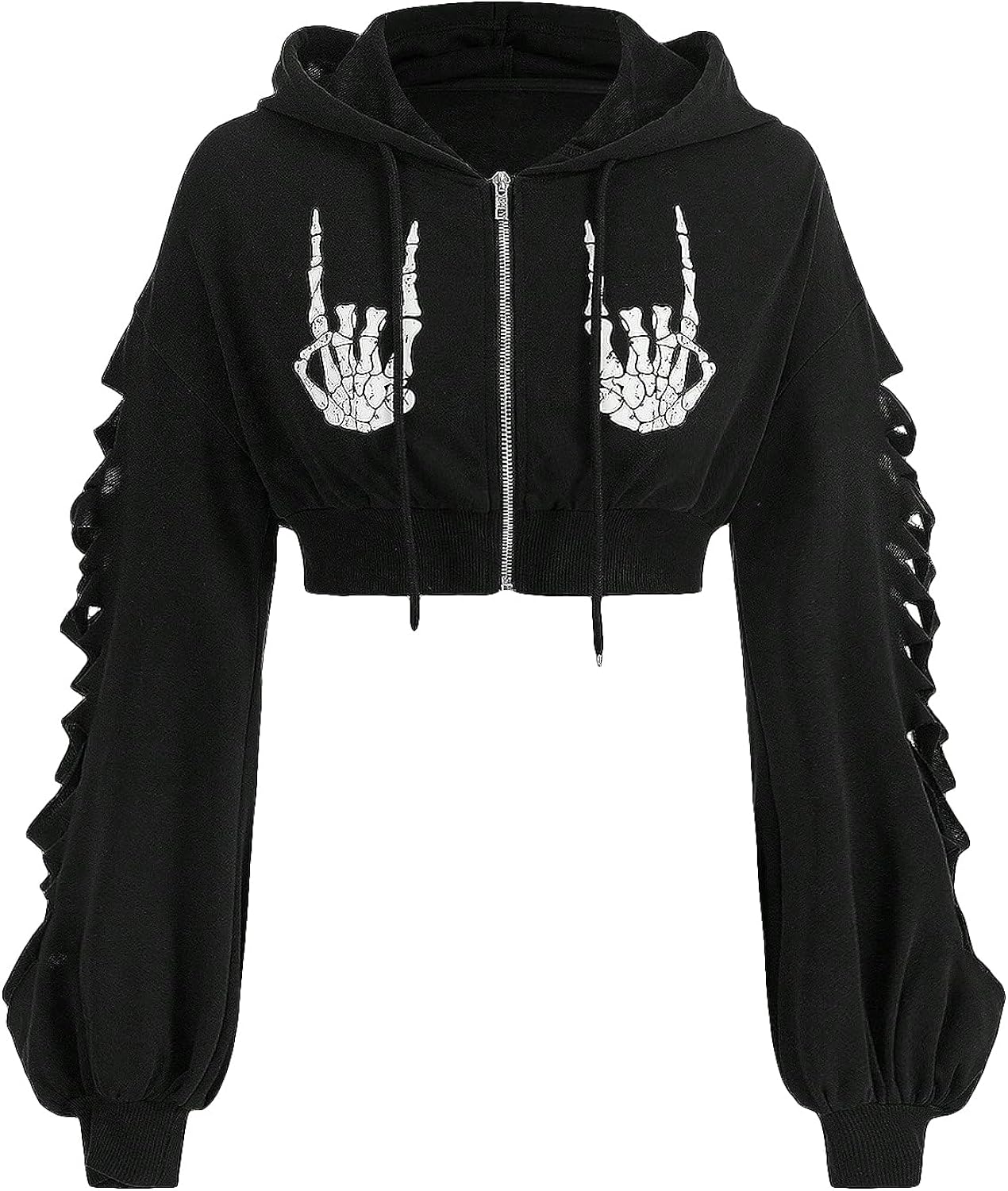 Women's Skeleton Skull Graphic Print Hoodie Drop Shoulder Drawstring Sweatshirt Zipper Up Long Sleeve Crop Top