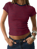 Women Vintage Striped Graphic Crewneck Crop Tops Short Sleeve Fitted Tshirts Summer Basic Tee Y2k Aesthetic Clothes