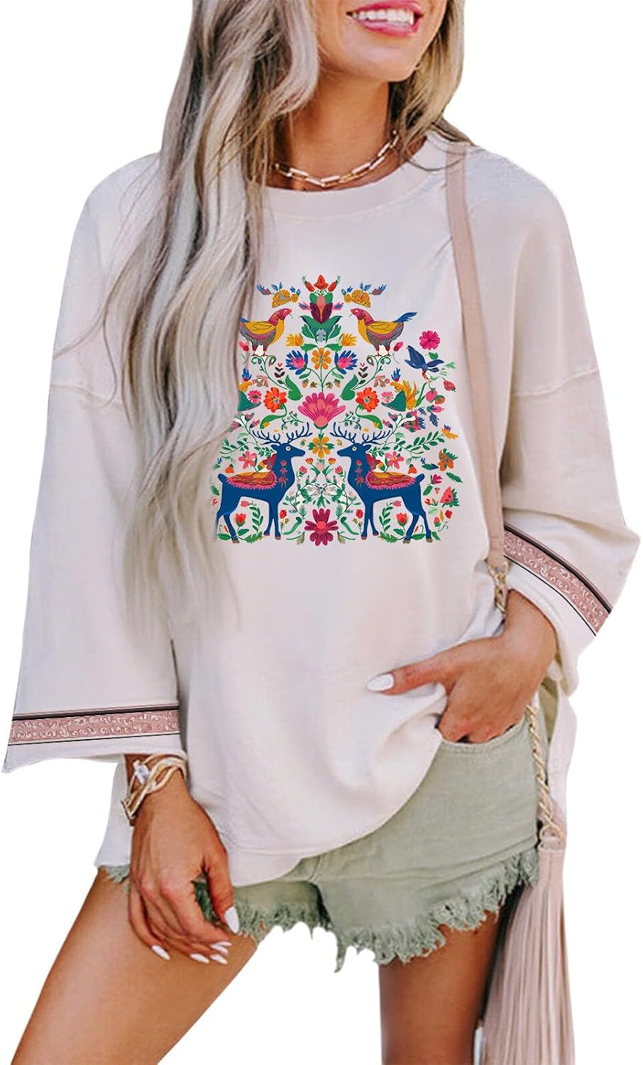 Womens Flower Graphic Tee Loose Fit Cotton Blend Autumn Floral Print Top Decorative Sleeve Casual Blouse