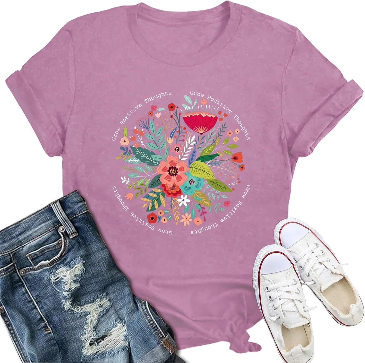 Womens Inspirational Shirts Grow Positive Thoughts T-Shirt Motivational Floral Wildflower Tee
