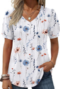 Women's Puff Short Sleeve Boho Shirts Casual V Neck Floral Solid Summer Blouse Pleated Tunic Top