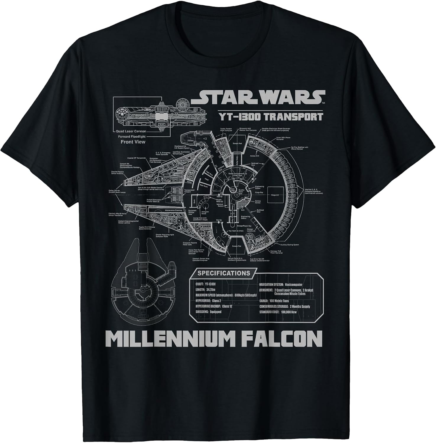 Millennium Falcon Grey Schematics Graphic T-Shirt T-Shirt
