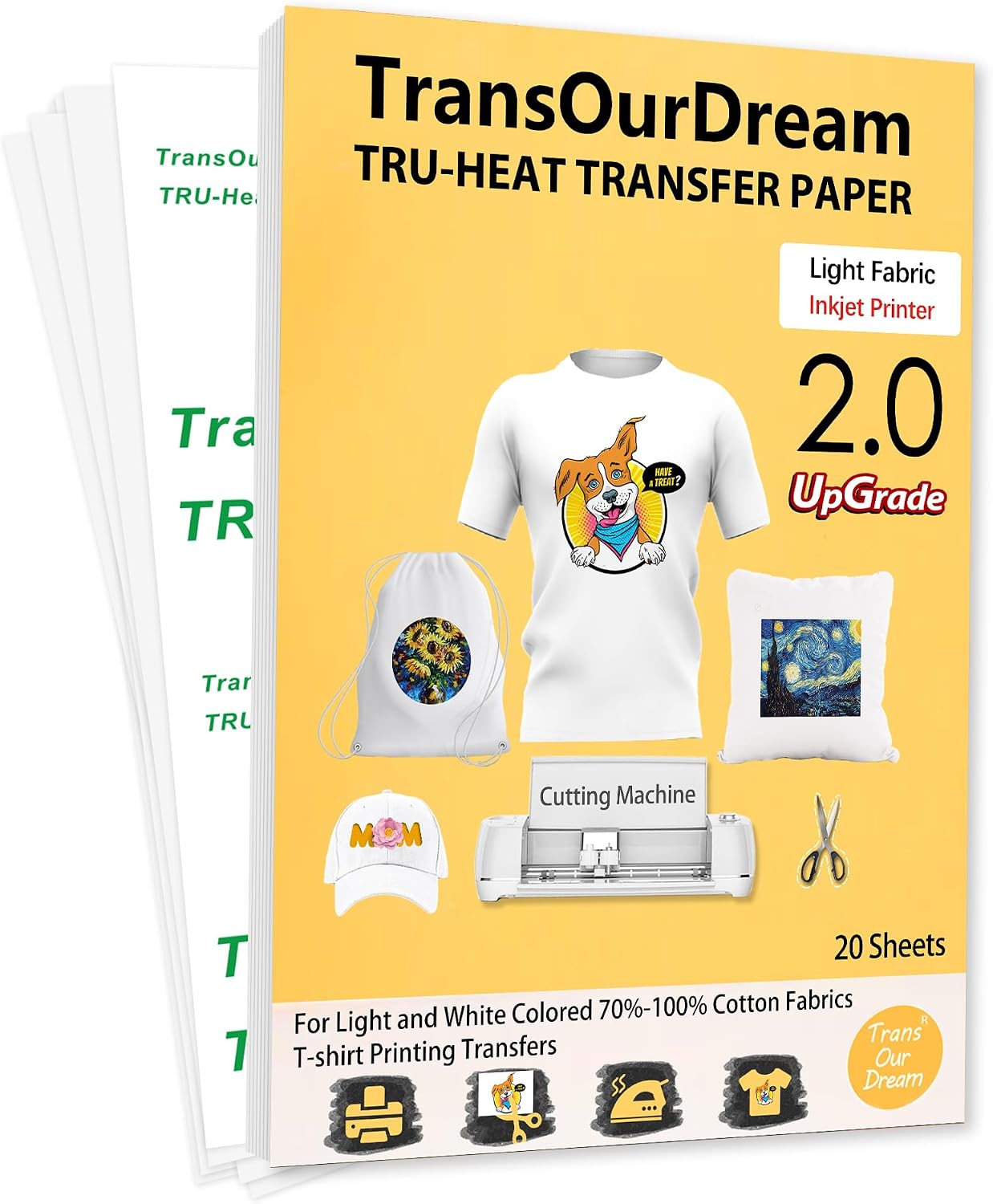 TransOurDream Upgraded Iron on Heat Transfer Paper for T Shirts (20 Sheets, 8.5x11) Iron on Transfers for Light Fabric Printable Heat Transfer Vinyl for Inkjet Printer (TOD-4)