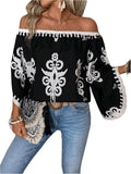 Women's Off The Shoulder Bell Long Sleeve Top Allover Print Blouse Shirts