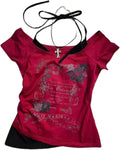 Baby Tee Y2k Women Grunge Top Emo 2000s Vintage Fake Two Piece Short Sleeve T Shirt Crop Tops Teens