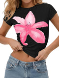 Womens Y2K Graphic Baby Tees Summer Floral Vintage Short Sleeve Tops Slim Fit Cropped T-Shirts