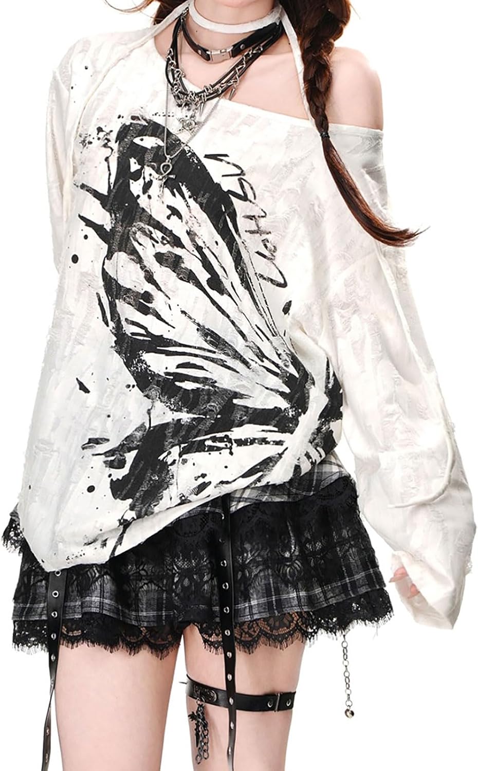 Women Goth T Shirt Harajuku Anime Graphic Y2K Tops Long Sleeve Off Shoulder Grunge Aesthetic Clothes