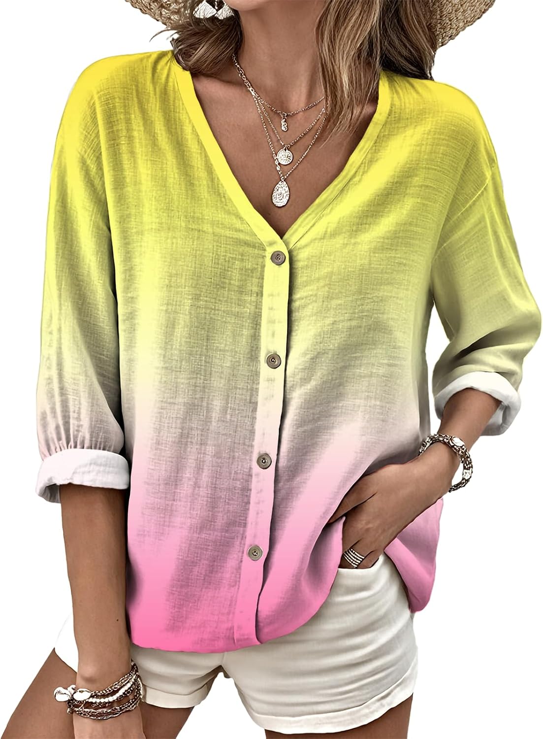 Button Down Shirt Women V Neck Graphic T Shirt Elegant Soft and Comfy Long Sleeve Top Casual Wear Plus Size
