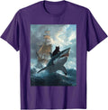 Cat Riding Shark Funny Art and Cat Lover Funny Cat and Shark T-Shirt
