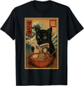 Funny Anime Cat Reading Manga Ramen Bowl Retro Japanese Cat T-Shirt